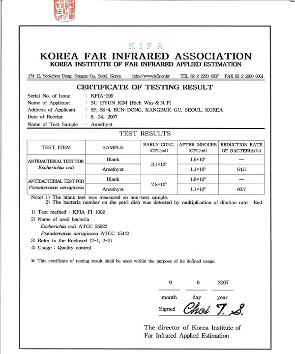 image of certificate for anti-bacterial test for the Biomat